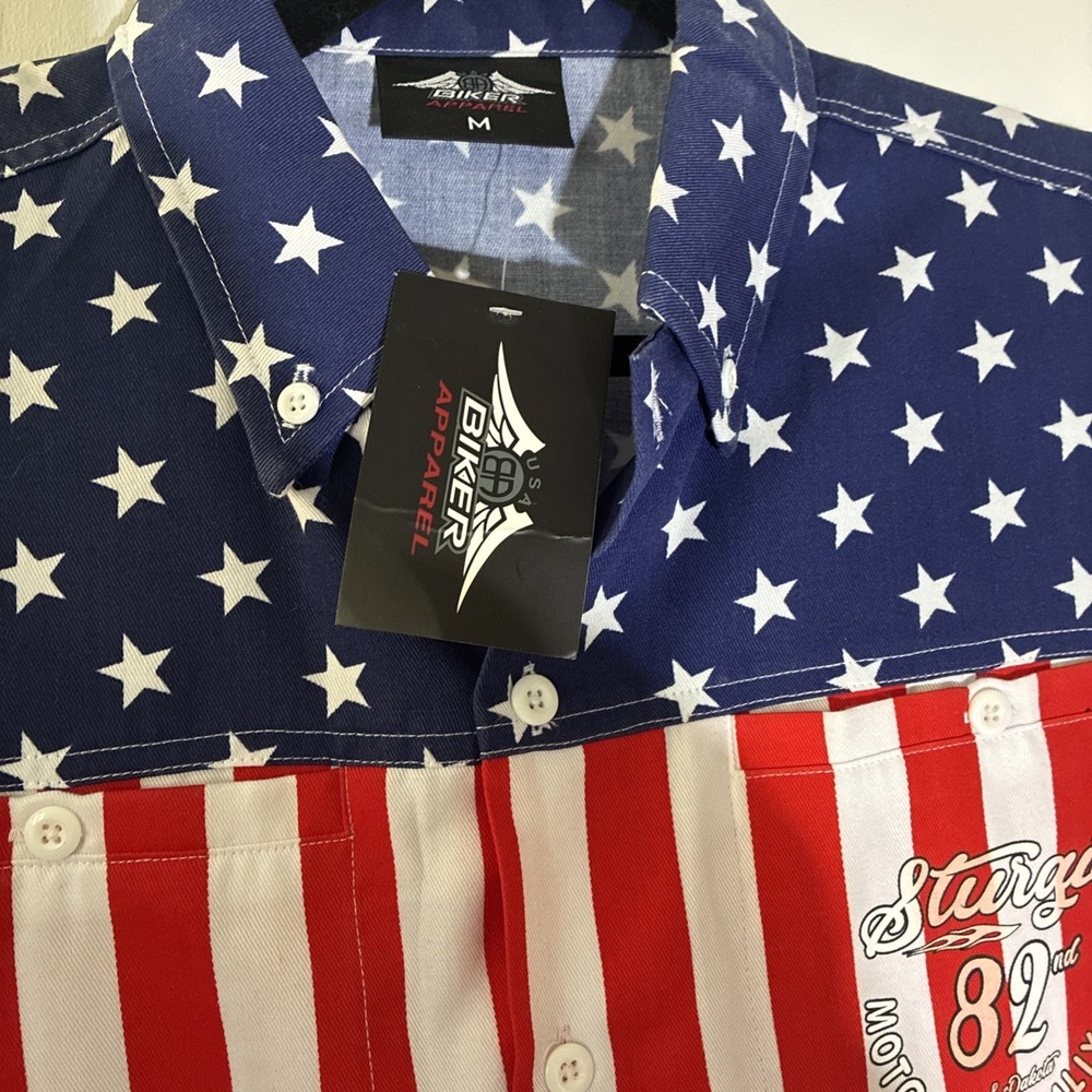 Biker Apparel Sturgis 2022 American Flag Button Up Shirt Size M NWT - Picture 9 of 12